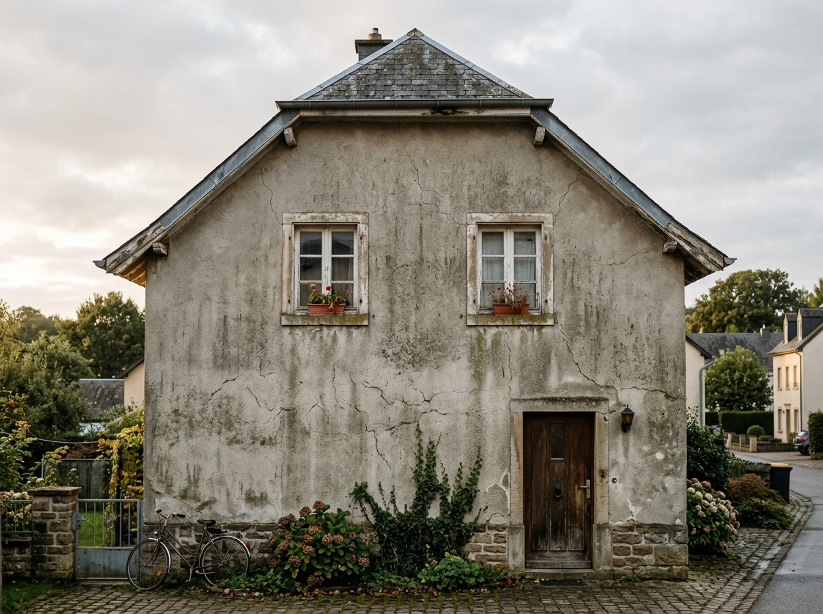 Le pignon avant travaux : enduit gris, taché et fissuré.
