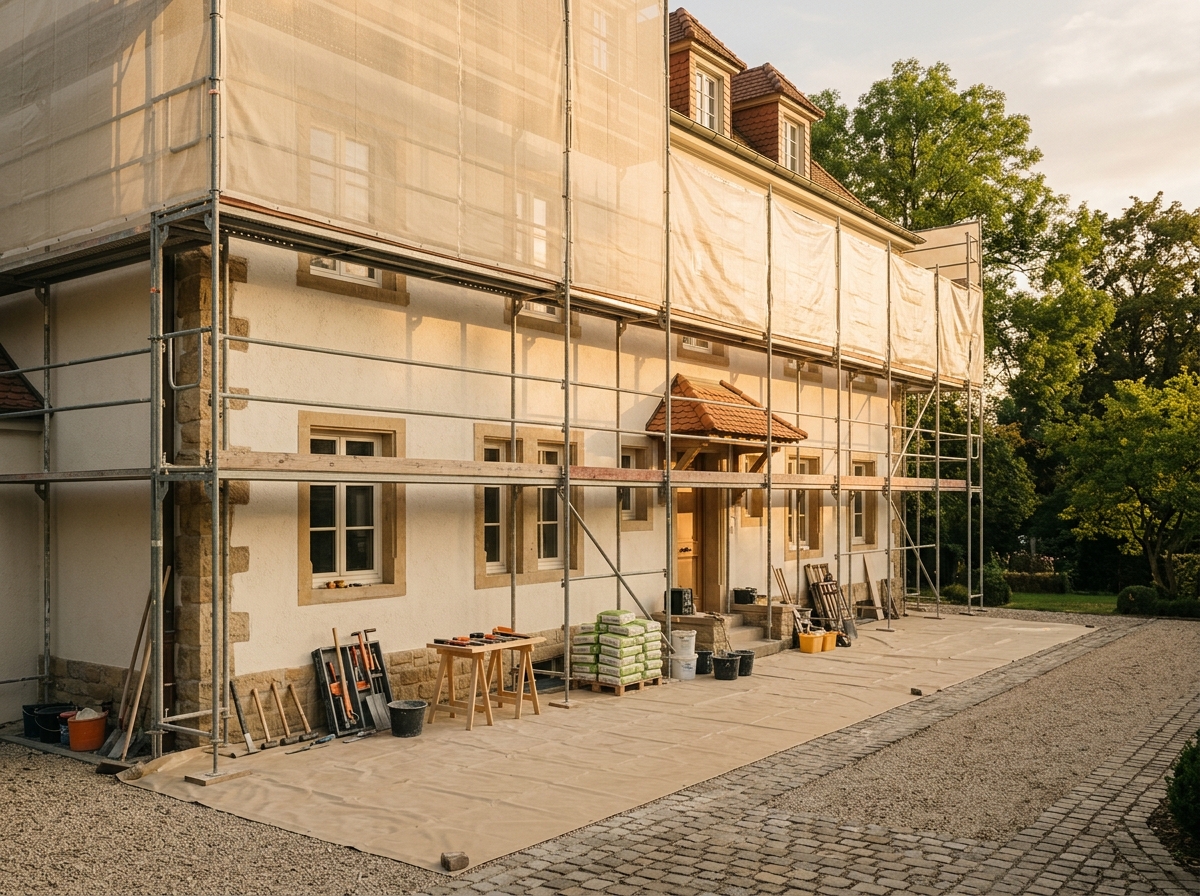 Échafaudage monté avec bâches tendues et sol protégé, en fin de journée.