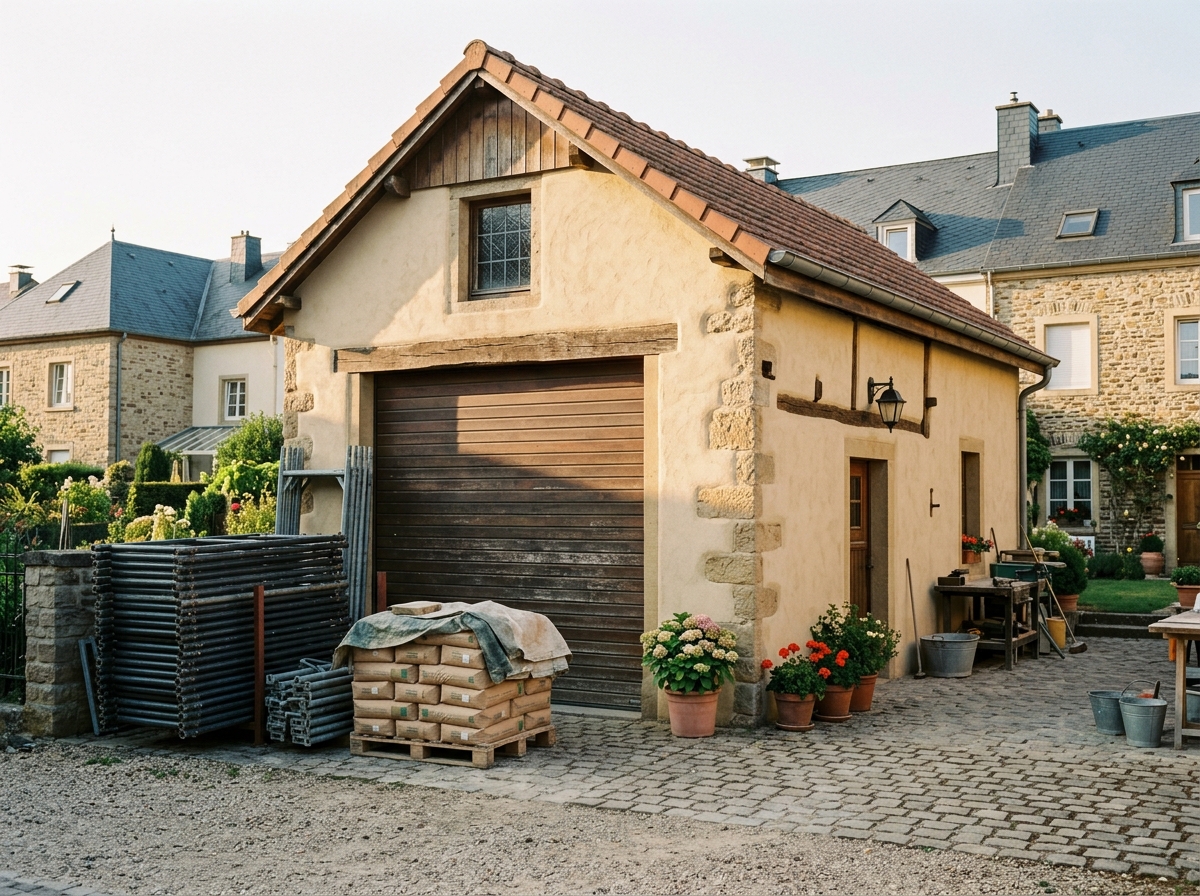 Façade de l'atelier : porte de garage, échafaudages empilés, sacs d'enduit sur palette.