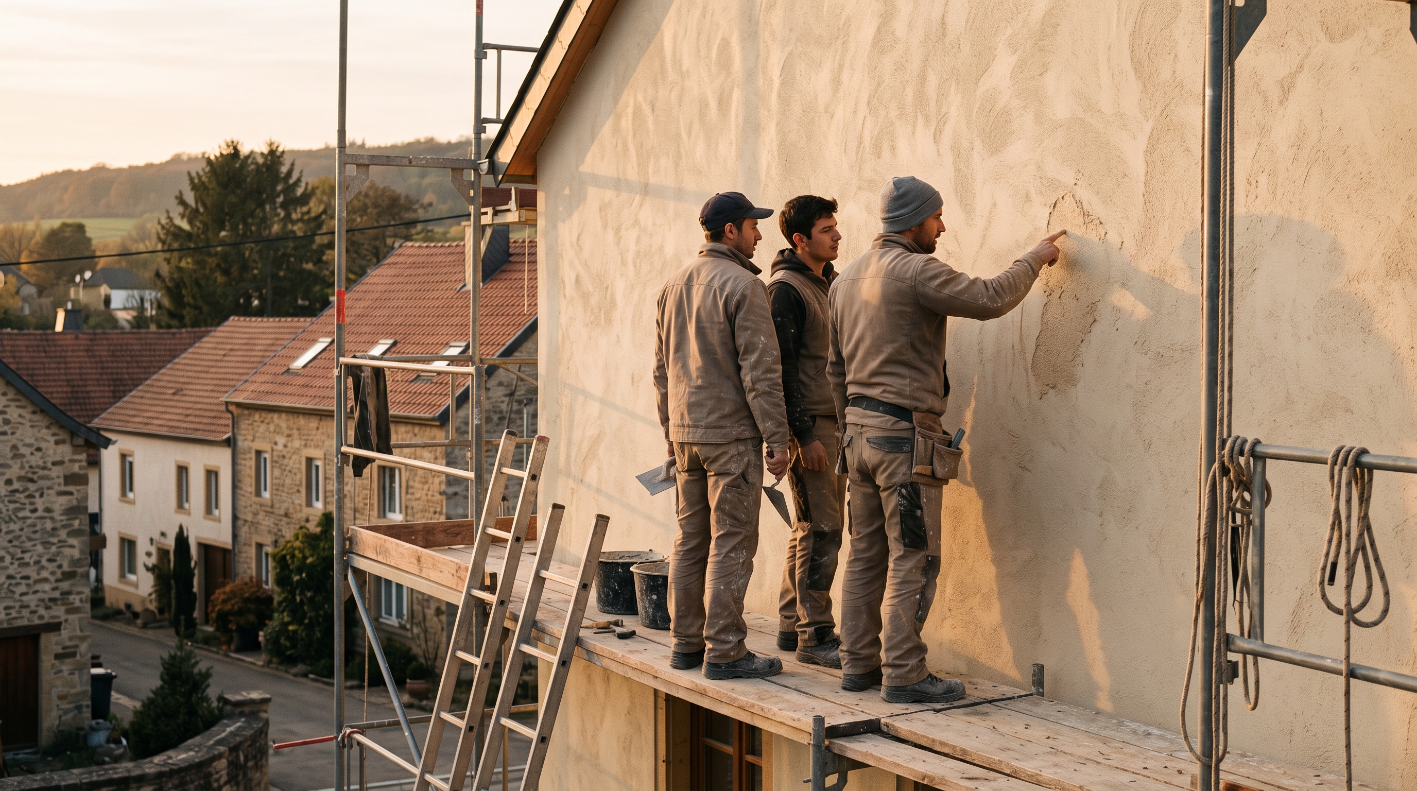 Trois façadiers sur un échafaudage regardant un mur fraîchement enduit, fin de journée.