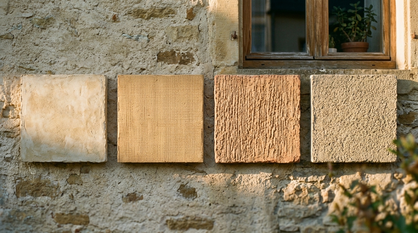 Quatre panneaux d'échantillons de finitions différentes côte à côte sur un mur.