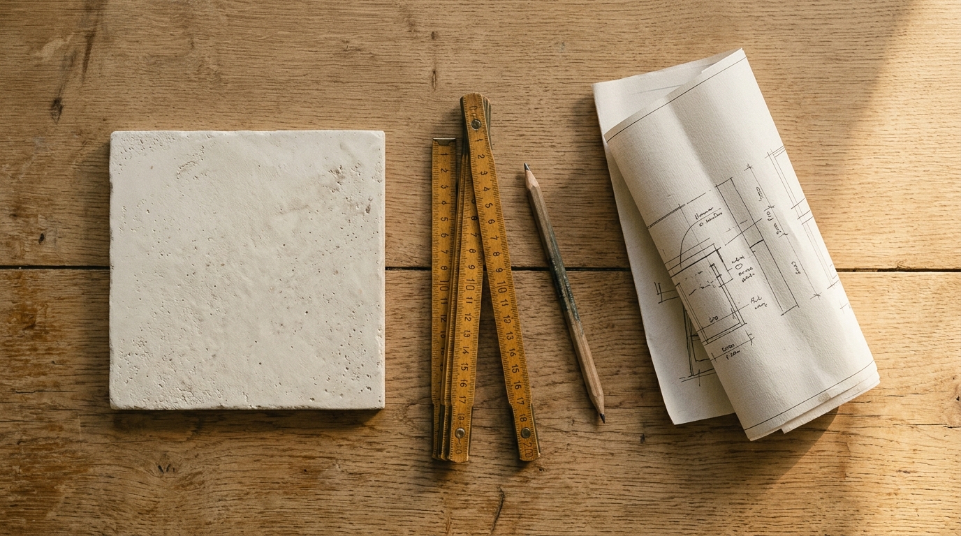 Un devis, un mètre pliant et un échantillon d'enduit sur une table en bois.