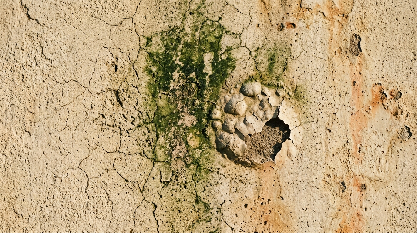 Gros plan sur un enduit vieillissant : faïençage, mousse verte et cloque naissante.