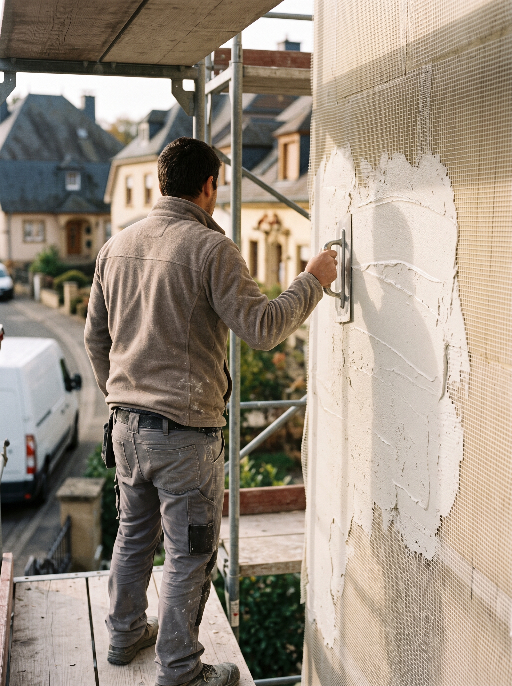 Façadier appliquant à la taloche un enduit de finition sur un mur isolé, à Bettembourg.