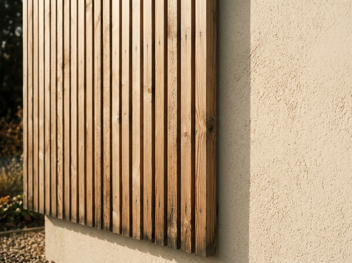 Bardage bois en lames verticales de mélèze contre un mur enduit crème.