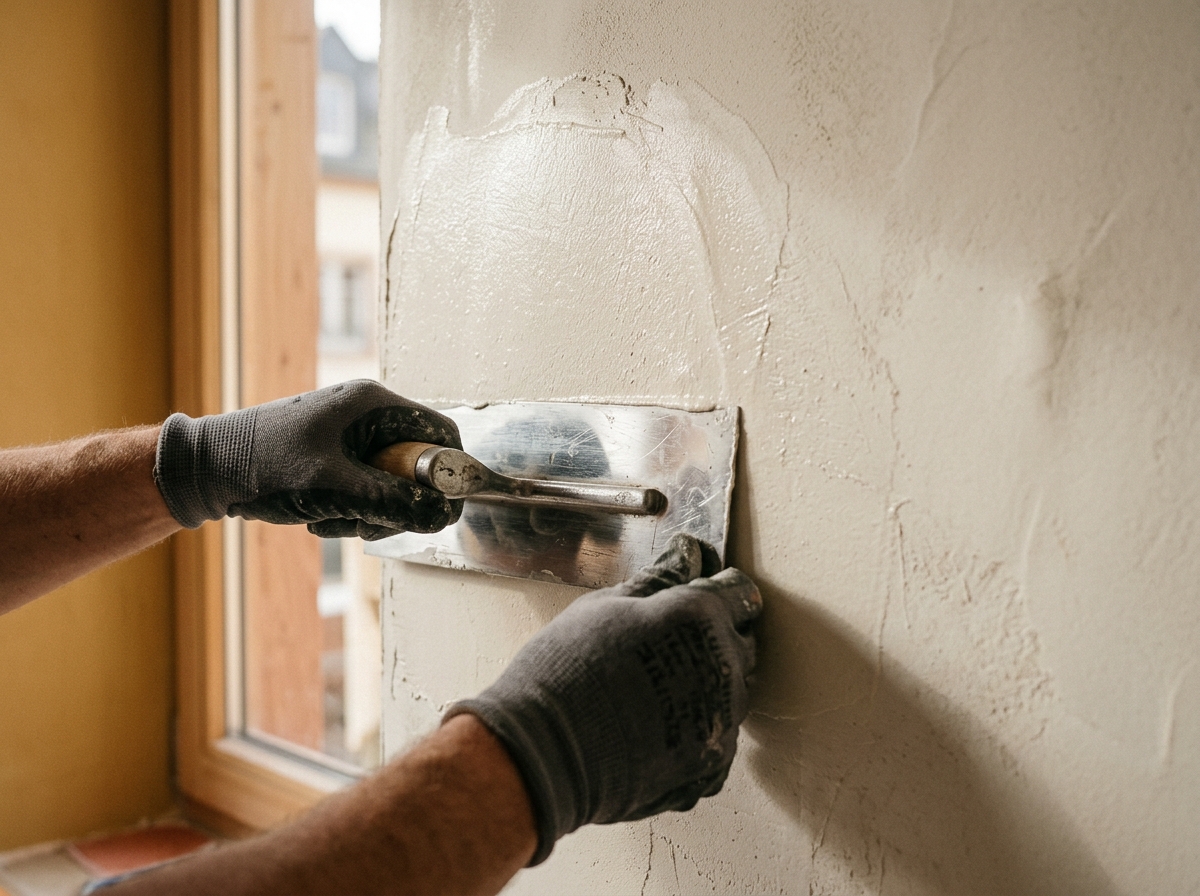 Mains gantées lissant un enduit décoratif à la lisseuse inox, finition soyeuse.