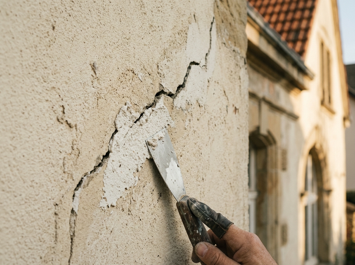 Fissure structurelle ouverte puis rebouchée au mortier de réparation, couteau à enduire posé contre le mur.