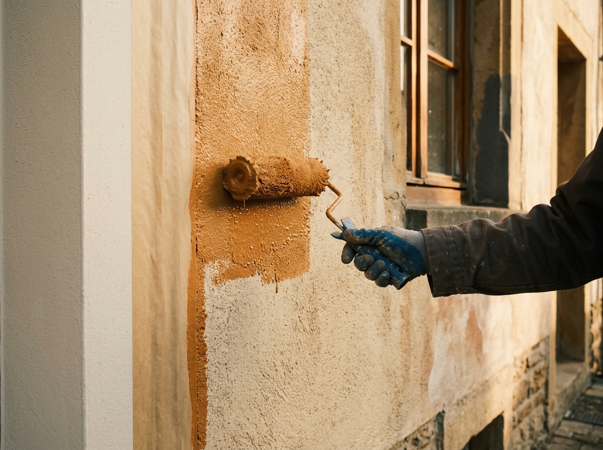 Rouleau appliquant une peinture minérale ocre sur un mur enduit, arête nette.