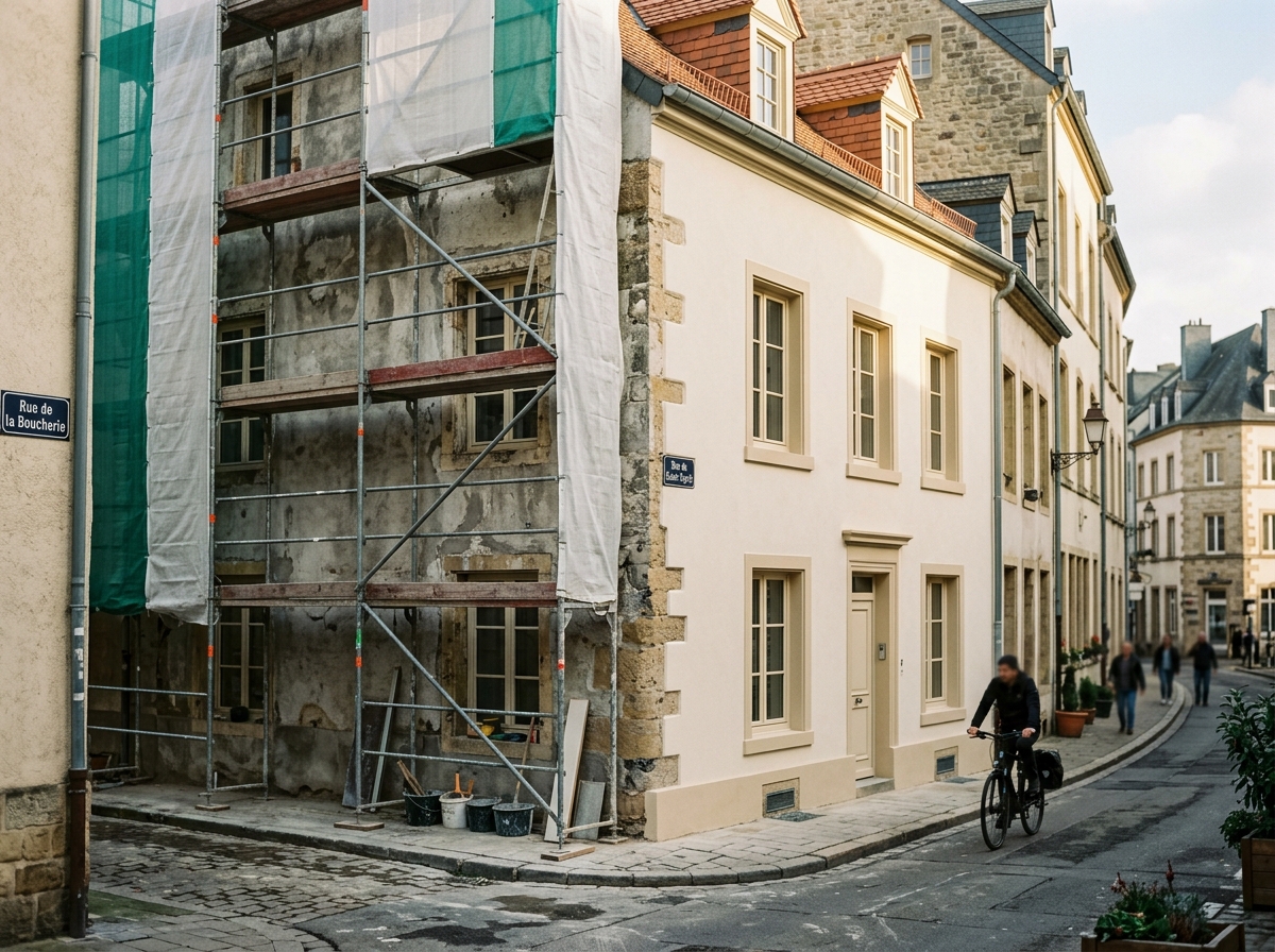 Façade en cours de ravalement, moitié restaurée en enduit crème, moitié encore grise.