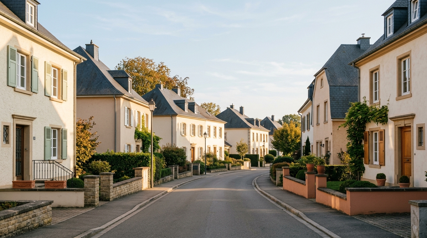 Rue résidentielle luxembourgeoise aux façades enduites claires.